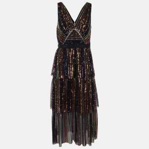 Self-Portrait Black Striped Sequin Tulle Tiered Midi Dress M
