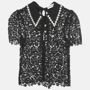 Self-Portrait Black Beads Embellished Lace Sheer Shirt S
