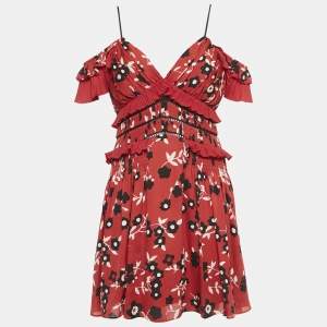Self-Portrait Red Floral Print Crepe Off-Shoulder Ruffled Mini Dress M