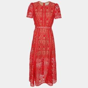 Self-Portrait Red Lace Guipure Midi Dress S