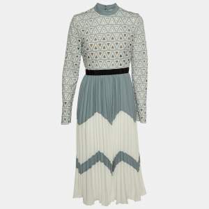 Self-Portrait Grey/White Crochet Lace & Crepe Pleated Midi Dress M