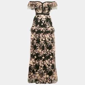 Self-Portrait Black Floral Embroidered Tulle Tiered Maxi Dress M