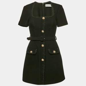 Self-Portrait Black Wool Blend Textured Mini Dress S