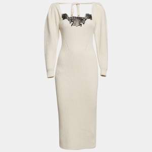 Self-Portrait Ivory Rib Knit Lace Trim Puff Sleeve Midi Dress S