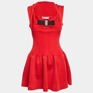 Self-Portrait Red Rib Knit Bow Detail Sleeveless Mini Dress XS
