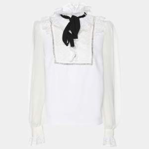 Self-Portrait White Stretch Crepe Tie Neck Top XS