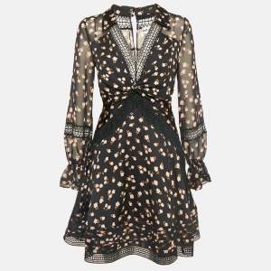 Self-Portrait Black Floral Printed Chiffon & Lace Mini Dress S