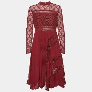 Self-Portrait Burgundy Lace Paneled Plisse Midi Dress L