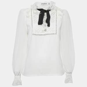 Self-Portrait White Crepe Frilled Collar Pussy Bow Detail Blouse S