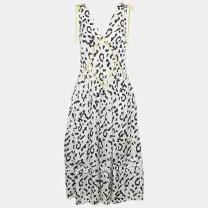 Self-Portrait White Animal Printed Satin Contrast Detail Midi Dress S