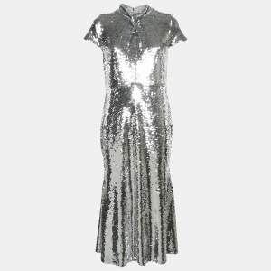 Self-Portrait Silver Sequin Twist Neck Detail Midi Dress M