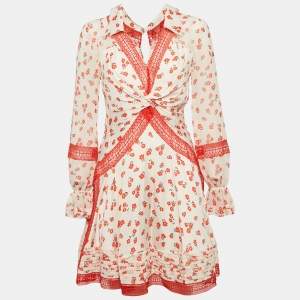 Self-Portrait White Floral Print Chiffon Lace Inserts Mini Dress S