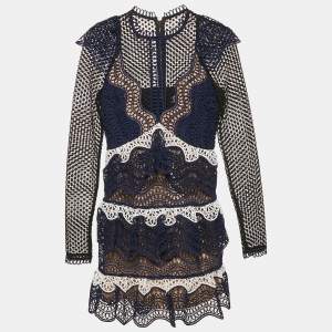 Self-Portrait Navy Blue Lace Tiered Mini Dress S