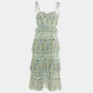 Self-Portrait Green Printed Chiffon Tiered Midi Dress S