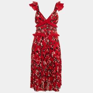 Self-Portrait Red Floral Print Crepe Ruffled Midi Dress S