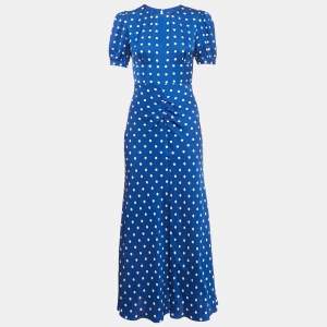Self-Portrait Blue Polka Dot Print Satin Long Dress S