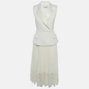 Self-Portrait Off White Tweed & Plisse Blazer Wrap Over Midi Dress S