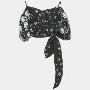 Self-Portrait Black Deco Sequin Mesh Puff Sleeve Top S