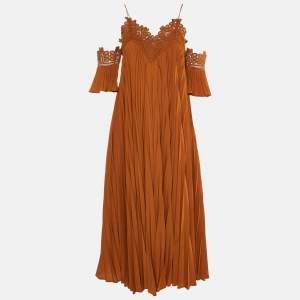 Self-Portrait Ochre Plisse Lace Trim Cold Shoulder Long Dress S