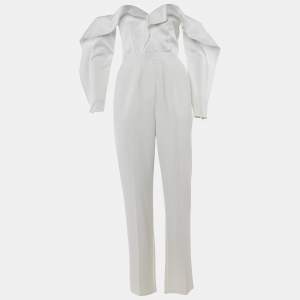 Self-Portrait White Satin & Crepe Off-The-Shoulder Jumpsuit M