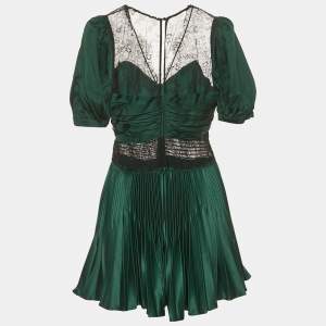 Self-Portrait Green Sateen Plisse Lace Detail Mini Dress M