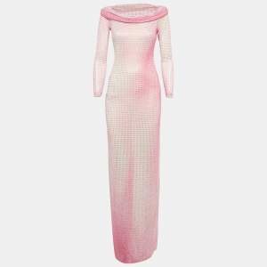 Pre Owned Self-Portrait Pink Ombre Embellished Mesh Off -Shoulder Maxi Dress S