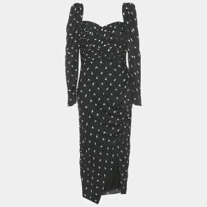 Self-Portrait Black Dots Print Crepe Long Sleeve Midi Dress M