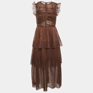 Self-Portrait Brown Lace Ruffled Midi Dress S