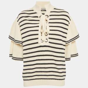 Self-Portrait Cream/Black Striped Rib Knit Lace-Up Neck Sweater L