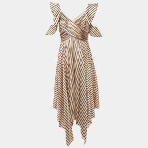 Pre Owned Self-Portrait Beige Striped Satin Asymmetric Midi Dress M