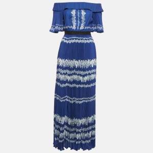 Self-Portrait Blue Floral Print Satin Plisse Off-Shoulder Maxi Dress S