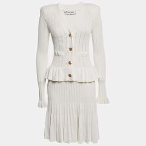 Pre Owned Self-Portrait White Rib Knit Peplum Mini Dress M