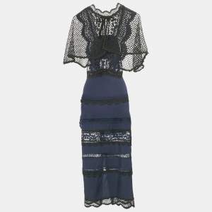 Pre Owned Self-Portrait Navy Blue Bellis Lace & Crepe Cape Sleeved Maxi Dress S 