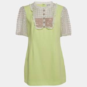 Pre Owned Self-Portrait Lime Green Embellished Tulle Crepe Mini Dress L