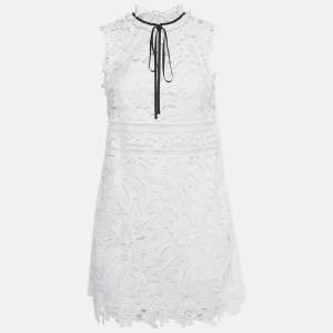 Pre Owned Self-Portrait White Guipure Lace Bow Detail Mini Dress S