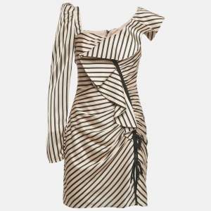 Pre Owned Self-Portrait Peach/Pink Stripe Print Satin Ruffled One-Shoulder Mini Dress S