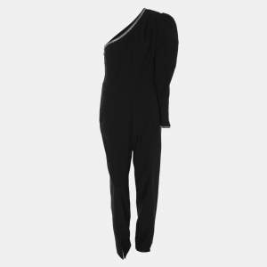 Pre Owned Self-Portrait Black Stretch Crepe Crystal Embellished One Shoulder Jumpsuit M