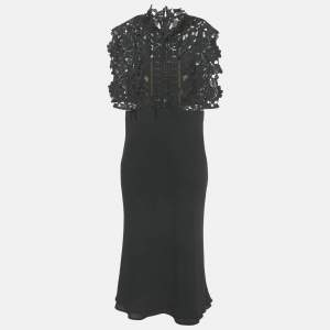 Pre Owned Self-Portrait Black Cropped Lace Overlay Crepe Midi Dress M 