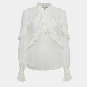 Pre Owned Self-Portrait White Swiss Dot Crepe Ruffled Blouse M
