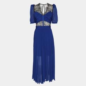 Pre Owned Self-Portrait Blue/Black Chiffon and Lace Paneled Sweetheart Neckline Midi Dress M
