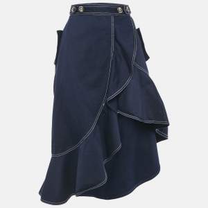 Pre Owned Self-Portrait Navy Blue Canvas Asymmetric Flounced Hem Skirt M