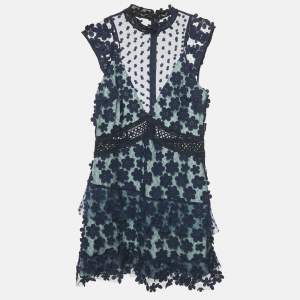 Pre Owned Self-Portrait Navy Blue Floral Applique Lace Sleeveless Mini Dress M