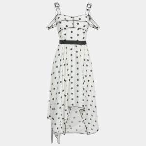 Pre Owned Self-Portrait White Printed Satin Handkerchief Hem Midi Dress S