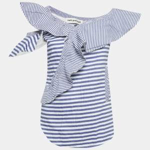 Pre Owned Self-Portrait Blue Striped Cotton Asymmetric Top M