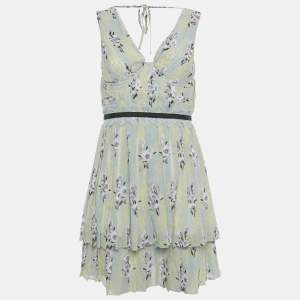 Pre Owned Self-Portrait Yellow Floral Print Chiffon Tiered Mini Dress S