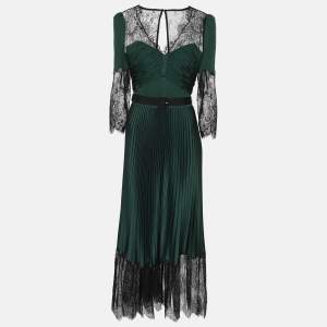 Pre Owned Self-Portrait Green/Black Satin and Lace Pleated Belted Midi Dress S