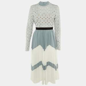 Pre Owned Self-Portrait Blue /White Crochet & Crepe Pleated Midi Dress M 