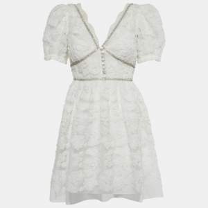 Pre Owned Self-Portrait White Crystal Embellished Ribbon Lace Mini Dress XS