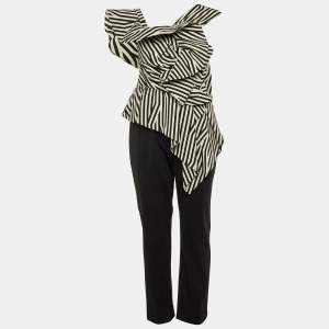 Pre Owned Self-Portrait Black/White Crepe Asymmetrical Striped Ruffle Jumpsuit M