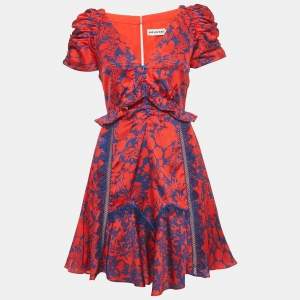 Pre Owned Self-Portrait Red /Blue Printed Satin Lace Detail Mini Dress S  